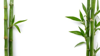 Naklejka premium Two vertical stalks of vibrant green bamboo with delicate leaves on a clean white background creating a natural border and copy space