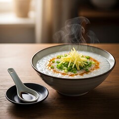 Steaming bowl of savory congee served on wooden table surface