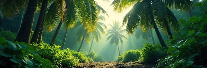 Dense palm forest, sunlight filtering through leaves, creating dappled shadows on the ground Lush green canopy, tropical paradise, vibrant ecosystem , serenity, canopy