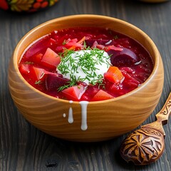 Traditional vibrant borscht soup served in a wooden bowl close up