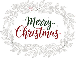Merry Christmas Green Red Script Text with Floral Leaf Wreath on White