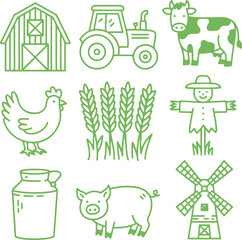 Fototapeta premium Farm Life Icons Agriculture, Livestock and Rural Elements in a Green Outline