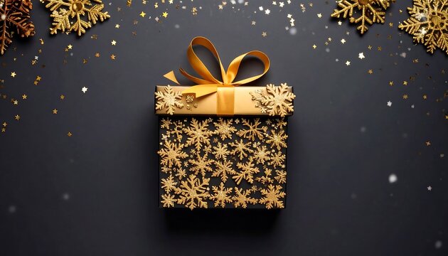 Elegant black gift box with gold snowflakes, ribbons, and confetti - Powered by Adobe