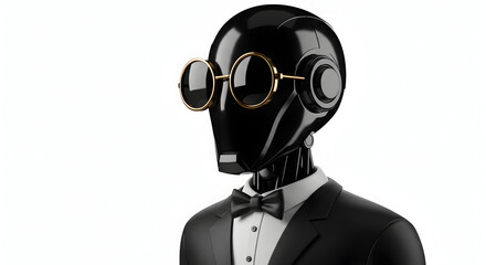 Obraz premium Stylish Black Robot in Tuxedo Sunglasses AI Artificial Intelligence Technology Future Innovation Modern Fashion Elegant Robot