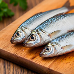 Obraz premium Small fish on a wooden cutting board