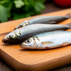 Small fish on a wooden cutting board