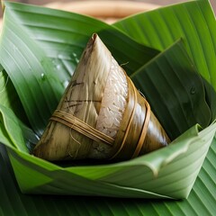 Traditional zongzi delicacy wrapped in fragrant banana leaves ready to eat