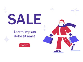 Happy Santa Claus walking with bags after shopping. Christmas holidays sale web banner, poster, flyer, xmas design template for ads promo. Vector illustration
