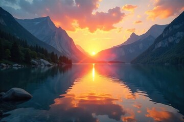 Serene sunrise over a tranquil mountain lake, reflecting the peaceful spiritual energy of nature Perfect for meditation, yoga, mindfulness, and wellbeing themes , reflection, healing, mountains
