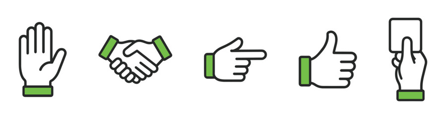 Fototapeta premium Five different hand gestures, each with a unique meaning. The first hand has a thumbs up sign, which typically represents approval or agreement. The second hand has a thumbs down sign