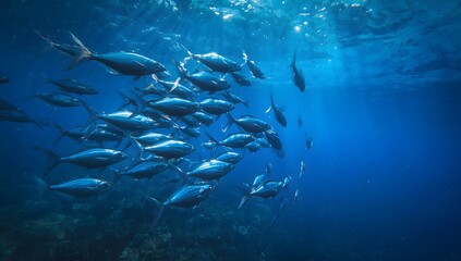 Obraz premium A large school of shimmering silver fish swims together in the deep blue ocean water with sunlight filtering down from above