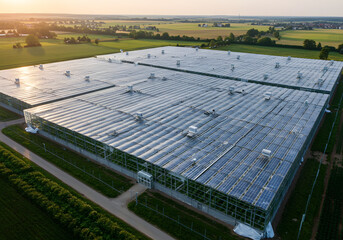 Aerial View of Large Greenhouses Growing Crops Evening Sunlight