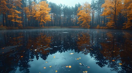 Obraz premium A serene and misty landscape with two trees reflected perfectly in a still body of water during a calm, foggy morning, nature photography