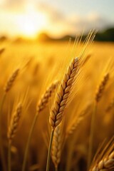 Golden hour sunlight bathes a lush field of ripening wheat, swaying gently in the summer breeze A vibrant scene of abundant harvest, ready for reaping , growth, august