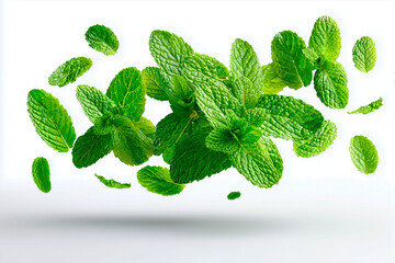 Green mint leaves on white background 