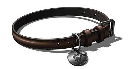 Obraz premium Brown leather dog collar with a paw print tag isolated on white background