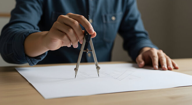 Architect uses compass drafting precise architectural blueprints design home building construction engineering project - Powered by Adobe