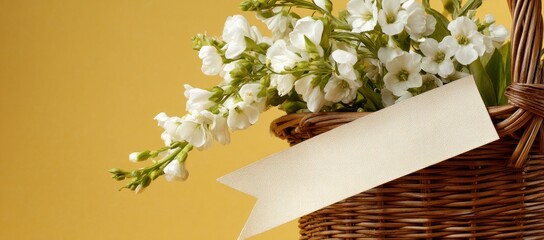 Still life of white flowers in a woven basket against a warm yellow background, with a blank banner for text overlay