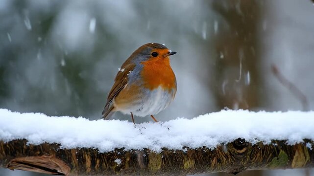 Slow-motion shot of a colorful robin perched on a snow-covered branch, soft falling snow.