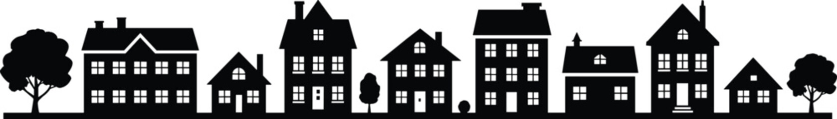 Silhouette of houses with windows and doors, trees on sides, residential neighborhood, black and white vector, architecture design, home buildings