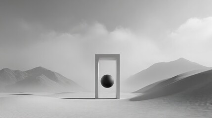 Dreamlike landscape with a sphere suspended in a white frame against mountains, shrouded in mist, monochrome
