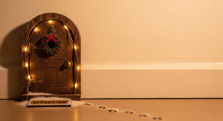 Miniature door with festive wreath and warm fairy lights, creating cozy Christmas magic and whimsical holiday story.
