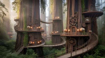  Giant Ancient Trees Transformed into Vertical Cities in a Steampunk Forest Civilization with Gears, Pipes, and Walkways