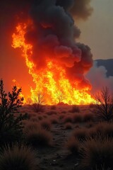 Fierce wildfire flames engulfing dry brush, creating a dramatic inferno against a smoky sky The intense heat and destructive power are vividly captured , nature, intense, disaster