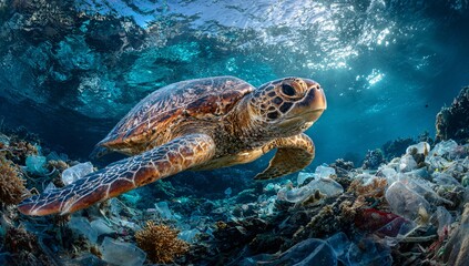 Naklejka premium Sea Turtle Swimming Over Coral Reef in Clear Blue Ocean