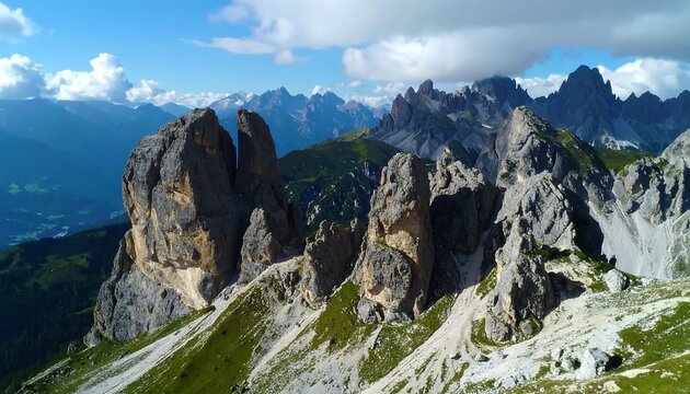 Dramatic mountain peaks, sculpted by nature, rise above a landscape of lush greenery and valleys under a vibrant blue sky. - Powered by Adobe