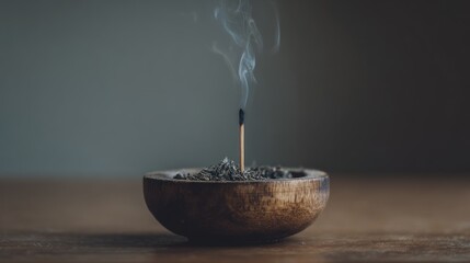 Incense stick smoldering in a wooden bowl on a wooden surface, smoke rising against a blurred background