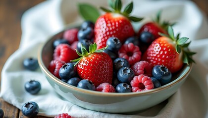 Fresh mixed berries in a bowl on wooden table with copy space
