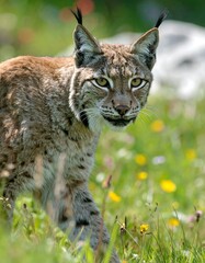 A lynx with piercing gaze stands alert in a field of wildflowers, showcasing its striking coat pattern and attentive expression.
