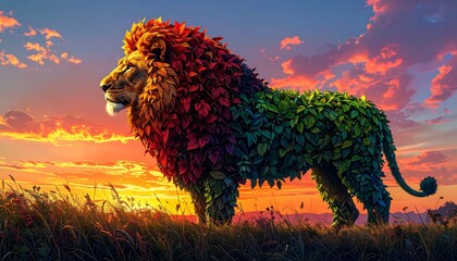 Lion adorned with colorful leaves at sunset