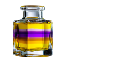 Clear glass bottle with layered yellow and purple liquid isolated on transparent background