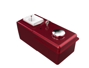 High-Res 3D Render: Dark Red Automotive Fluid Reservoir. Essential Industrial Tank for Heavy Machinery, featuring Liquid Level Indicator and Metallic Cap. Perfect Hydraulic Storage Engine Component on