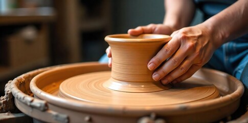 Close-up view of a potter's wheel in action, clay being shaped and molded into a beautiful form  The spinning wheel and wet clay are beautifully highlighted  ,  clay art,  handmade pottery,  molding