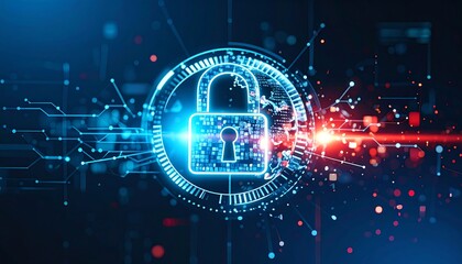 Digital representation of a secure system, showing a glowing padlock encircled by intricate circuitry and data streams, against a dark blue backdrop