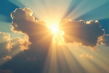 Golden sun rays bursting through the clouds, illuminating a bright and sunny day Perfect for nature, weather, and summer themes , sky, sun