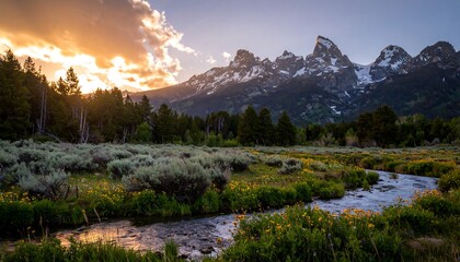 A serene mountain landscape at sunrise, showcasing a crystal-clear stream flowing through a meadow filled with wildflowers, with majestic snow-capped peaks rising in the background.