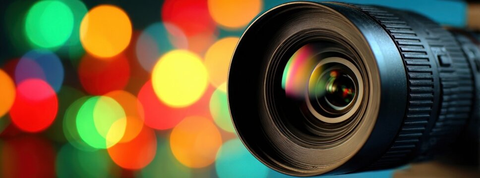 Close-up of a black camera lens, featuring glass reflections and bokeh lights in the background with vibrant red, yellow, and green colors