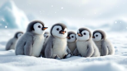 Fototapeta premium A heartwarming group of adorable fluffy baby penguin chicks huddling together for warmth in a snowy arctic landscape