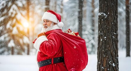 Santa Claus walks through a snowy forest carrying gifts at sunset during the Christmas season