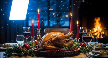 Festive holiday dinner featuring a roasted turkey and elegant decorations in a cozy, warmly lit dining room