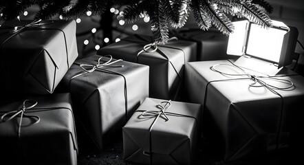Festive wrapped gifts under a Christmas tree illuminated by warm lights during the holiday season
