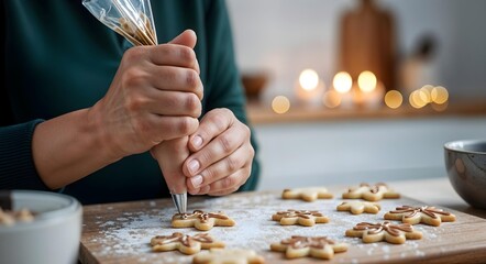 Expert baker decorates gingerbread cookies in cozy kitchen during festive season