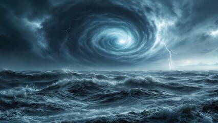 A colossal swirling hurricane descends upon a tumultuous ocean, as lightning illuminates the dark and stormy seascape