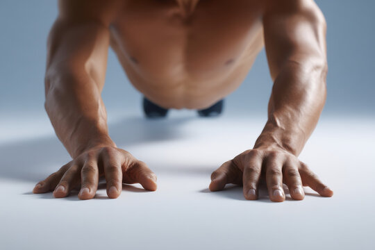 closeup of hands engaged in pushups on clean smooth surface radiating energy