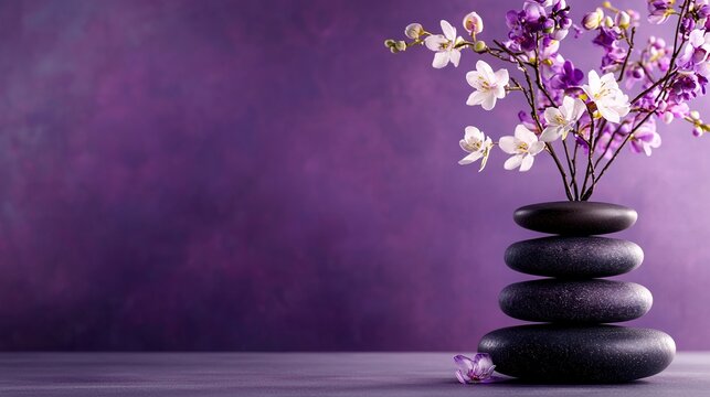   A vase filled with vibrant blooms perched atop a mound of black boulders, surrounded by a picturesque array of white and lilac stones