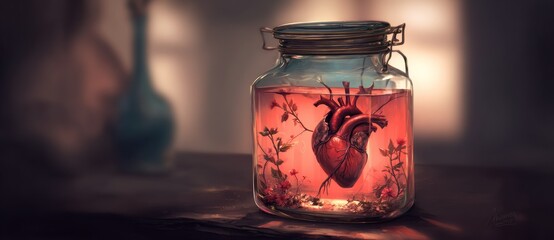 Heart enclosed in a jar, liquid-filled, surrounded by small flowers, resting on a dark surface. Soft light illuminates the scene